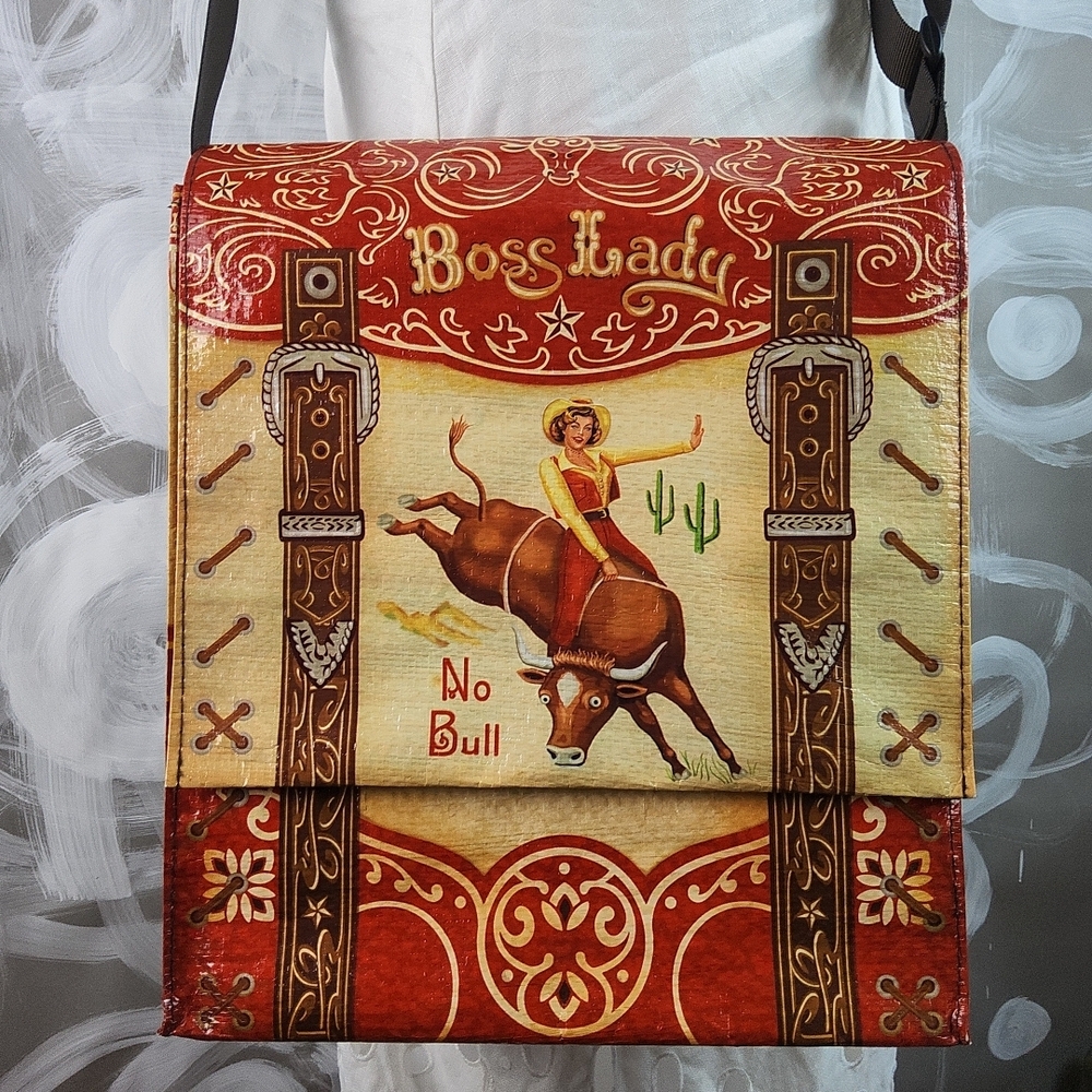 BOSS LADY NO BULL Blue Q Messenger Bag Vintage inspired Tote Crossbody Western - Picture 2 of 9